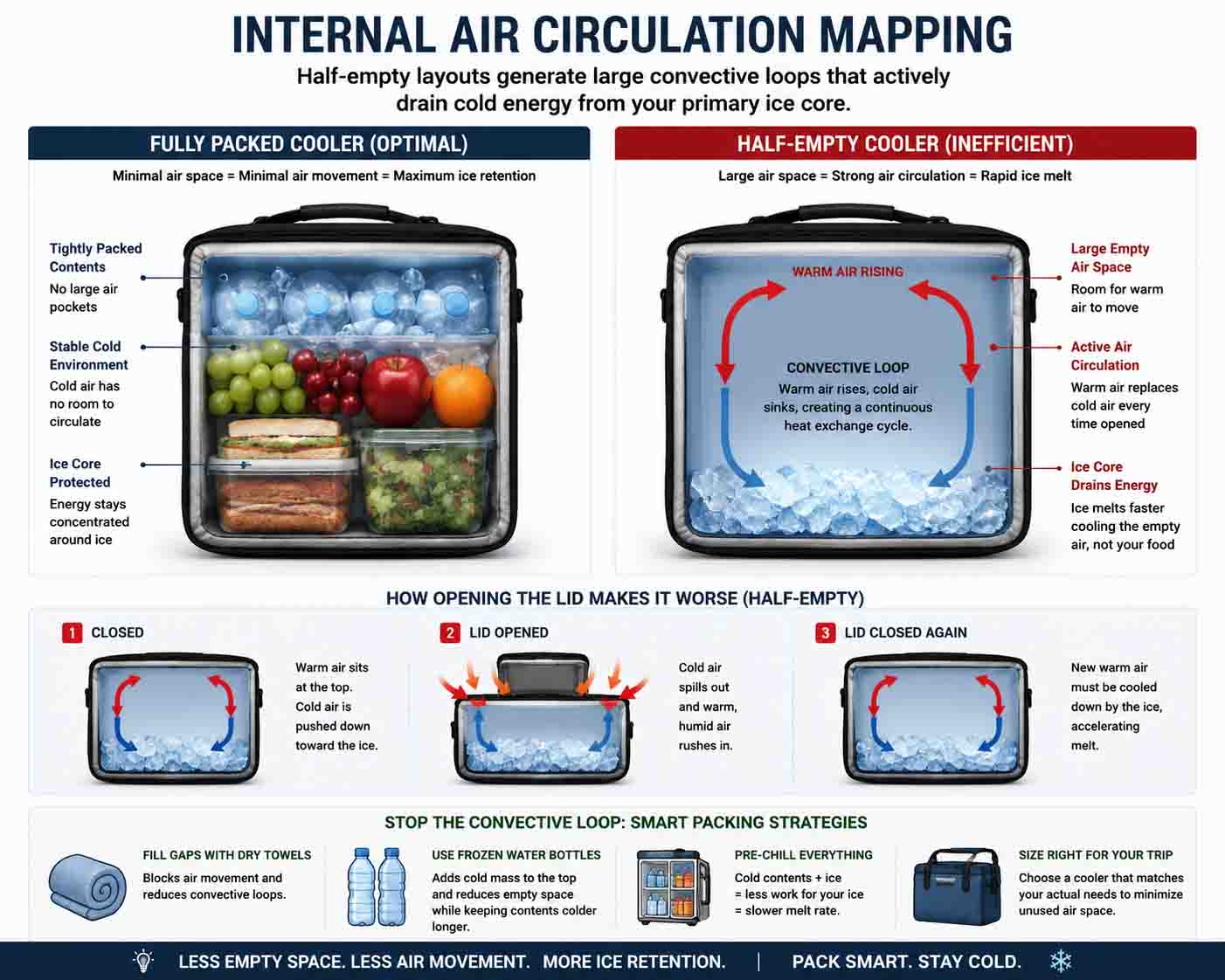 Internal air circulation mapping. Half-empty layouts generate large convective loops that actively drain cold energy from your primary ice core.