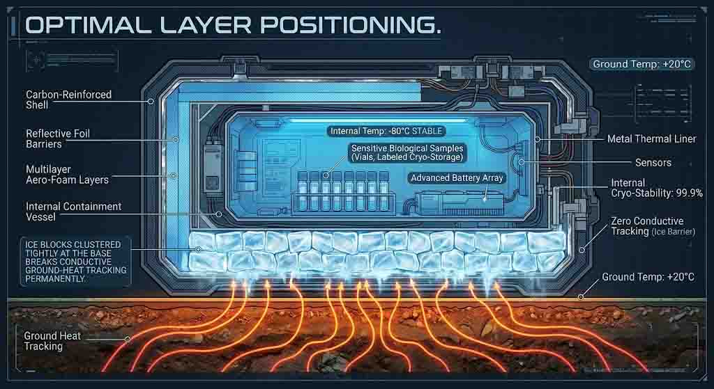 Optimal layer positioning. Keeping ice blocks clustered tightly at the base breaks conductive ground-heat tracking permanently.