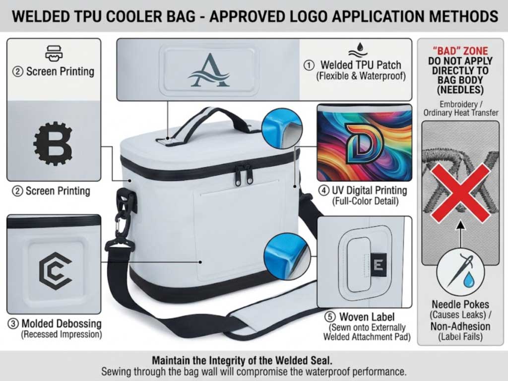 branding methods for a welded TPU cooler backpack: welded patch, screen print, deboss, UV print, welded label tab, with embroidery marked unsuitable