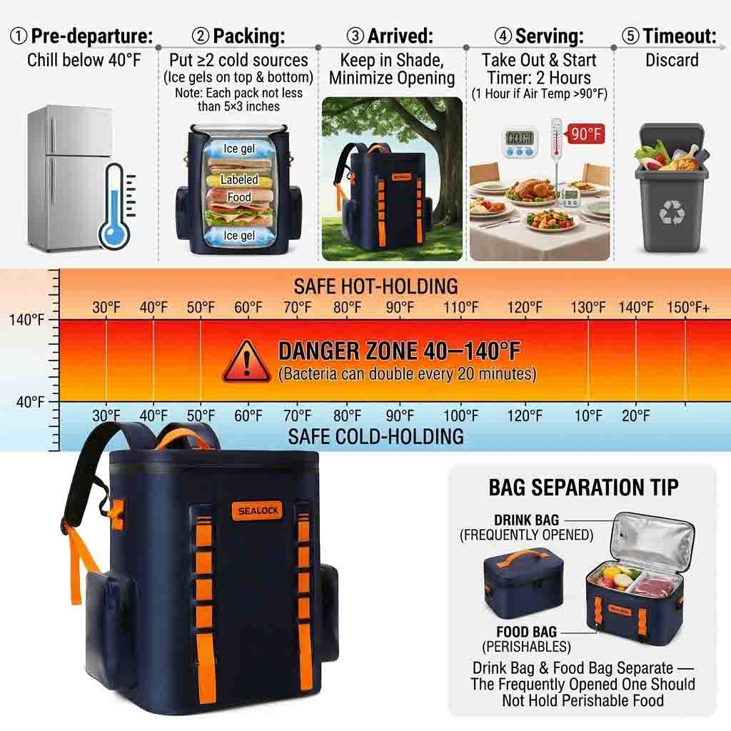 picnic food safety timeline showing the danger zone and the 2-hour rule with cooler packing steps picnic food safety timeline showing the danger zone and the 2-hour rule with cooler packing steps