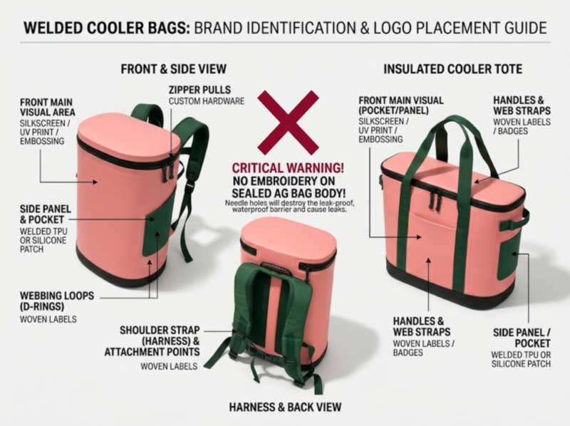 logo placement and branding methods on custom cooler bags: screen print, welded patch, deboss, woven label logo placement and branding methods on custom cooler bags: screen print, welded patch, deboss, woven label
